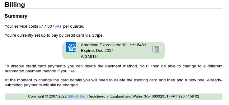 Card details shown in BitFolk's Panel